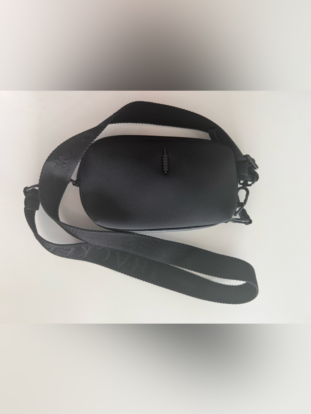 Thacker Nordstrom Compact Black Crossbody Bag with Branded Strap